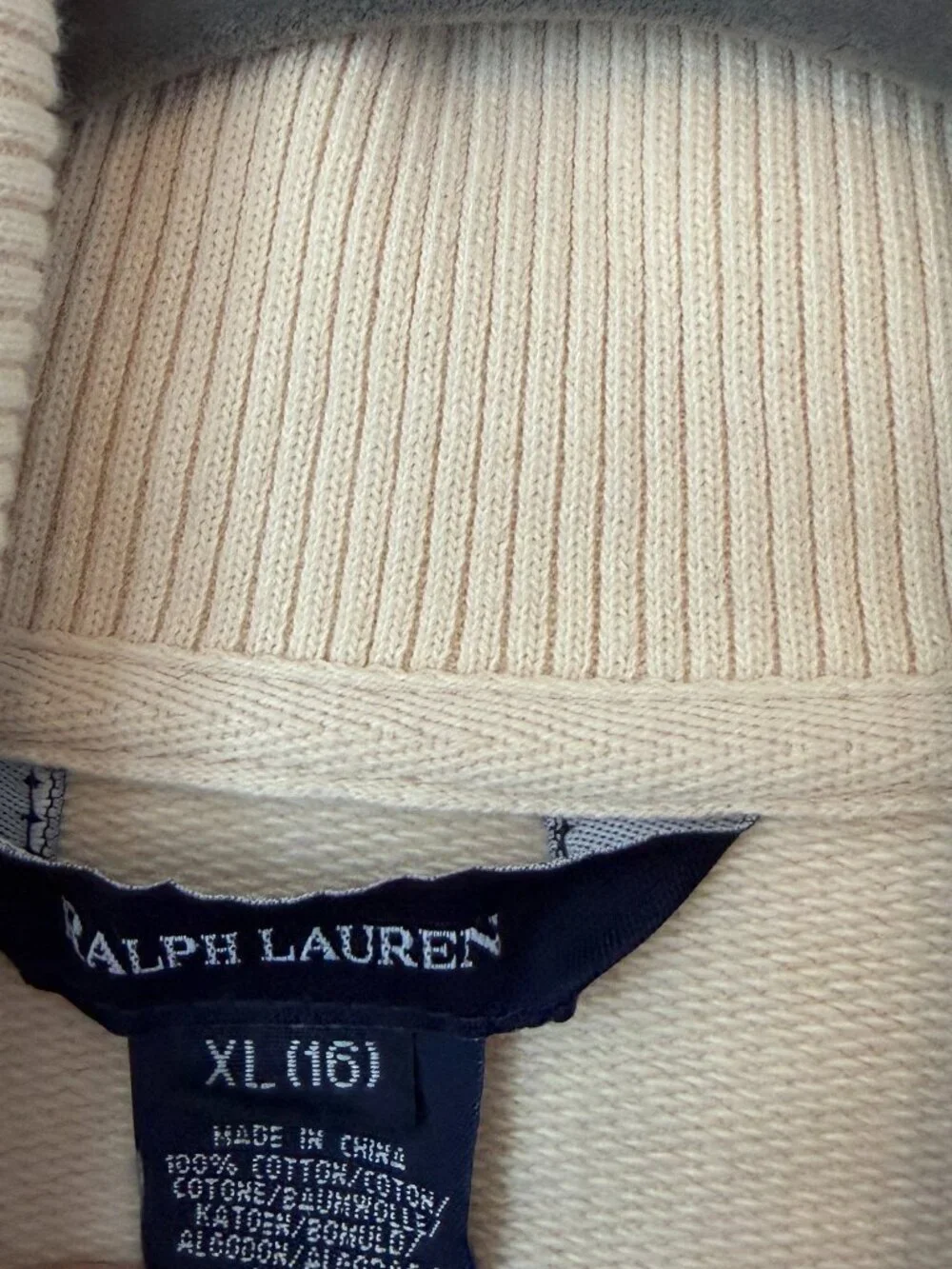 Ralph Lauren girls' sweatshirt cardigan shawl collar XL 16 cream cotton navy